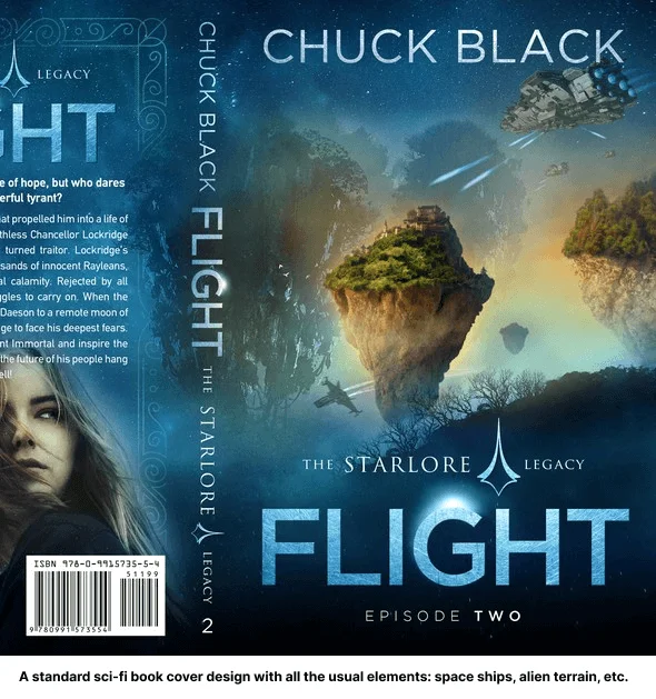 An example of a sci-fi book cover design featuring an alien planet, futuristic technology, and bold typography that captures the essence of the science fiction genre.